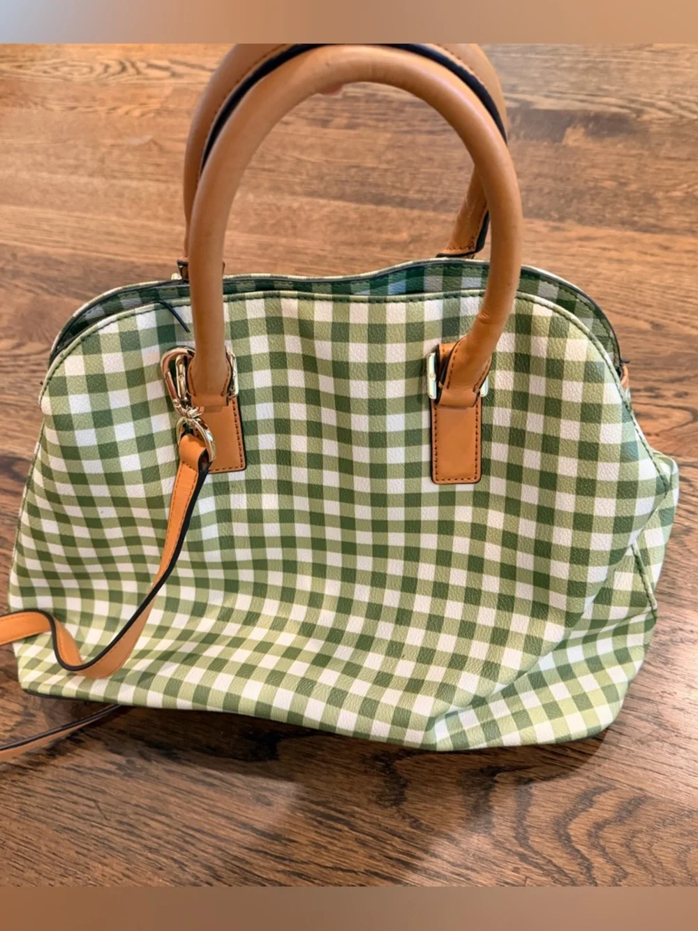 Tory Burch Kerrington Gingham Plaid Dome Tote Leaf Green VGUC - Picture 5 of 7